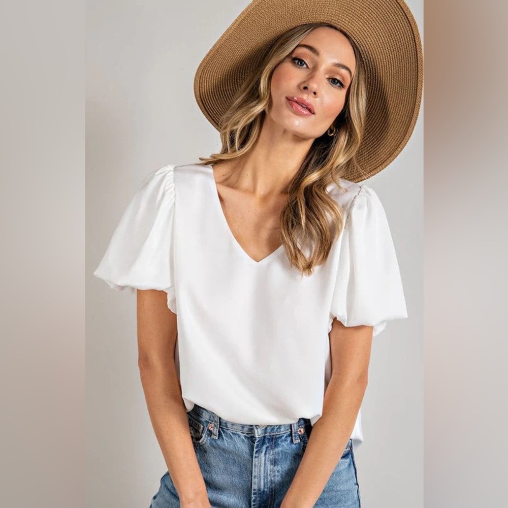 Gorgeous ASOS Antique White Duponte silk Puff Sleeve career top Size Large